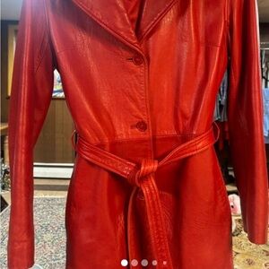 Andrew Marc Red Leather Trench Coat with Belt